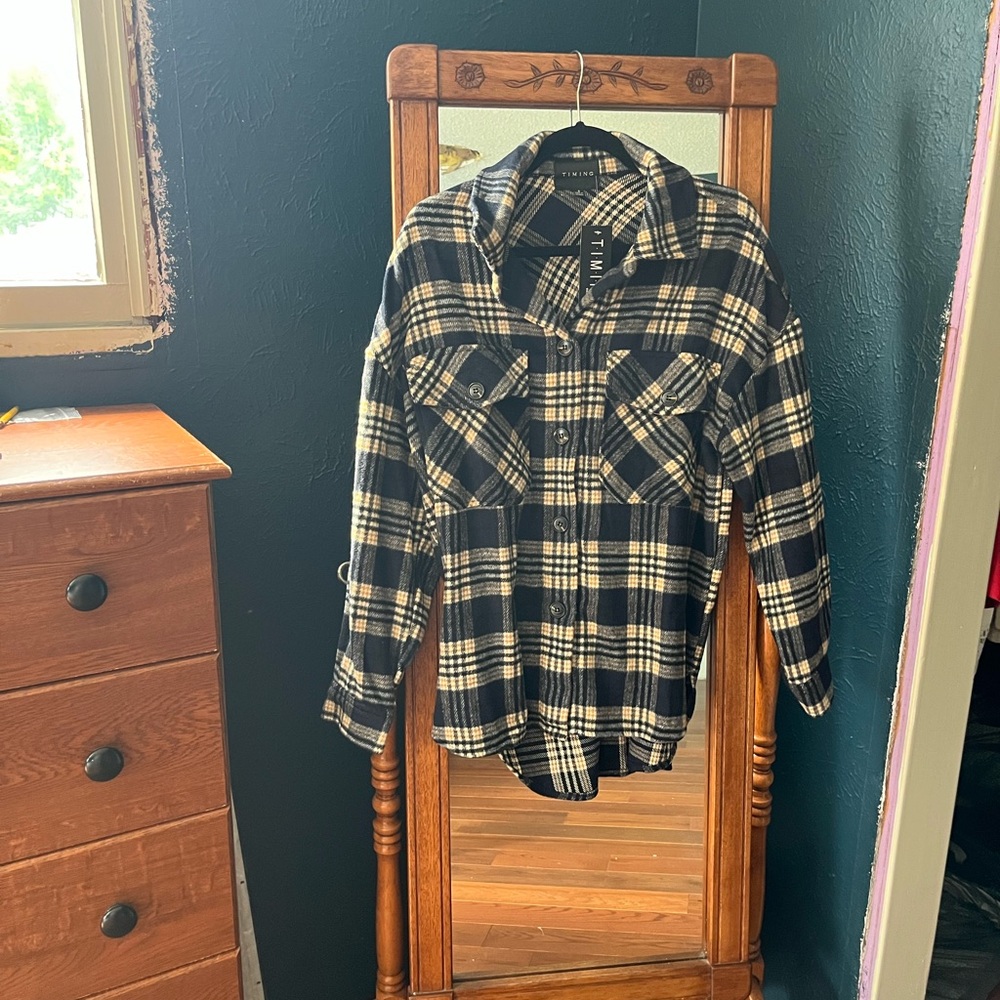 Timing Navy and Tan Plaid Shacket